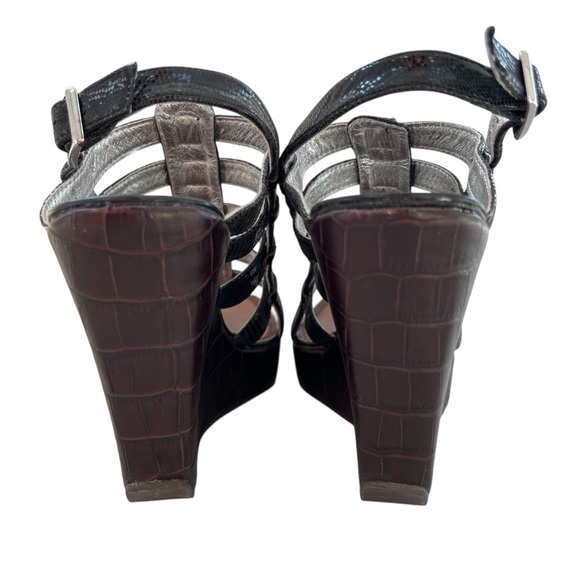 MATIKO Black + Brown Leather Wedge Strappy Sandals 8 - Picture 4 of 11